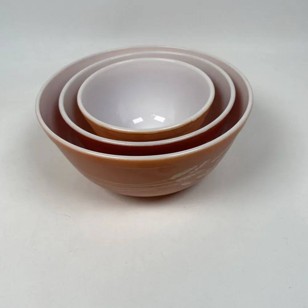 Vintage Pyrex Nesting Bowls Autumn Harvest Wheat 1970’s Set Of 3 Cottagecore